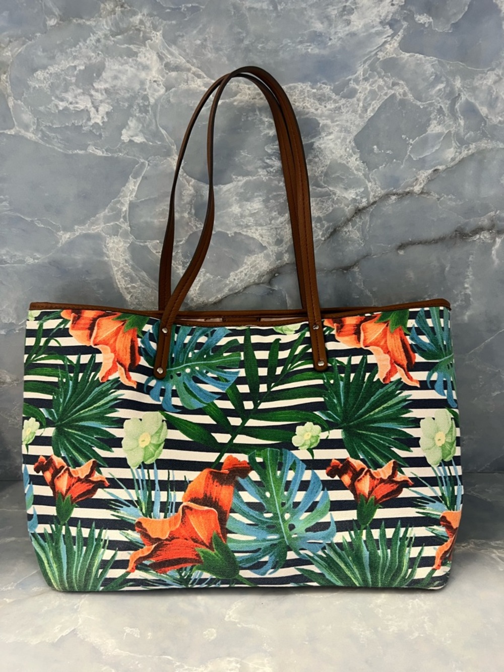 Tropical Floral Stripe vibrant Nine West canvas tote bag